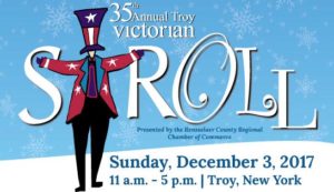 White and blue graphic with illustrated uncle sam. text reads: 35th Annual Troy Victorian Stroll. Sunday, December 3, 2017, 11am - 5pm, troy, ny