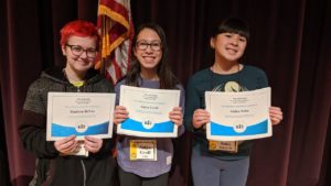 Congratulations to our Spelling Bee winners who will advance to the regional competition @atproctorstheatre on Feb. 4: 1st Place, Satya Groff of TMS (center); 2nd Place, Madison DeVoe of TMS (left); and 3rd Place, Anika Sohn of School 14 (right).