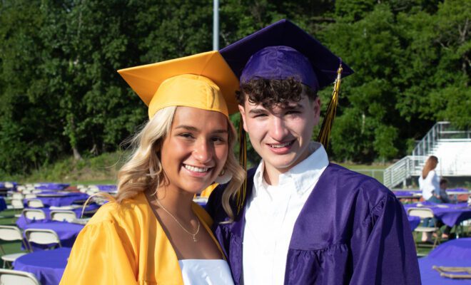2021 students in yellow and purple cap and gown