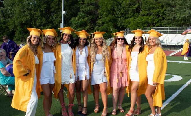 2021 students in yellow and purple cap and gown