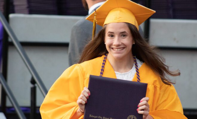 2021 students in yellow and purple cap and gown