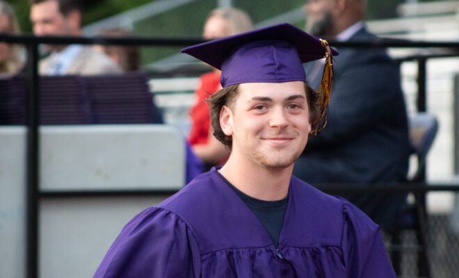 2021 students in yellow and purple cap and gown