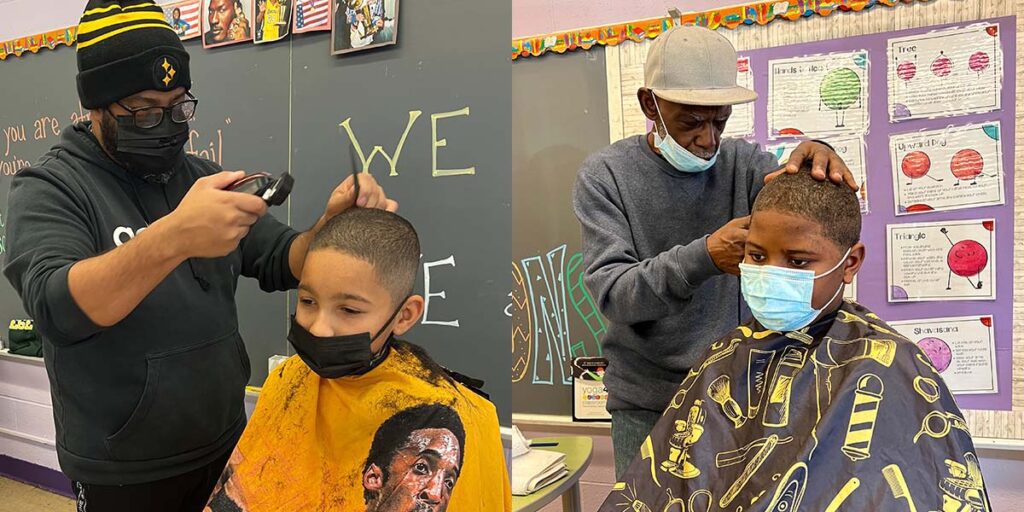 Collage of two photos side by side, in each photo, a barber cuts a young child's hair in a classroom for the cuts for the holidays program.