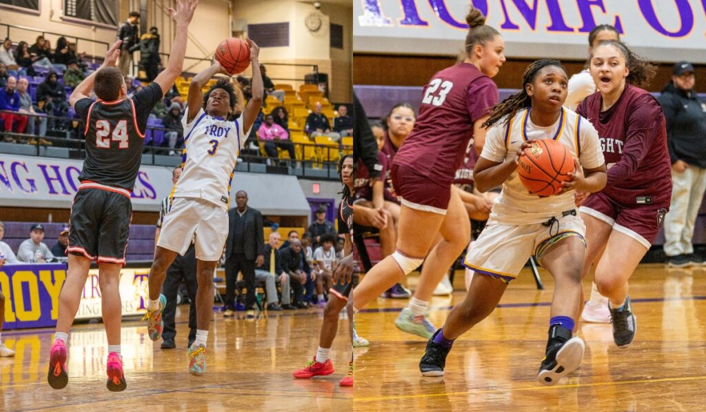 Two action shots from a Troy High School basketball game, featuring players in white and gold uniforms competing against opponents in black and maroon