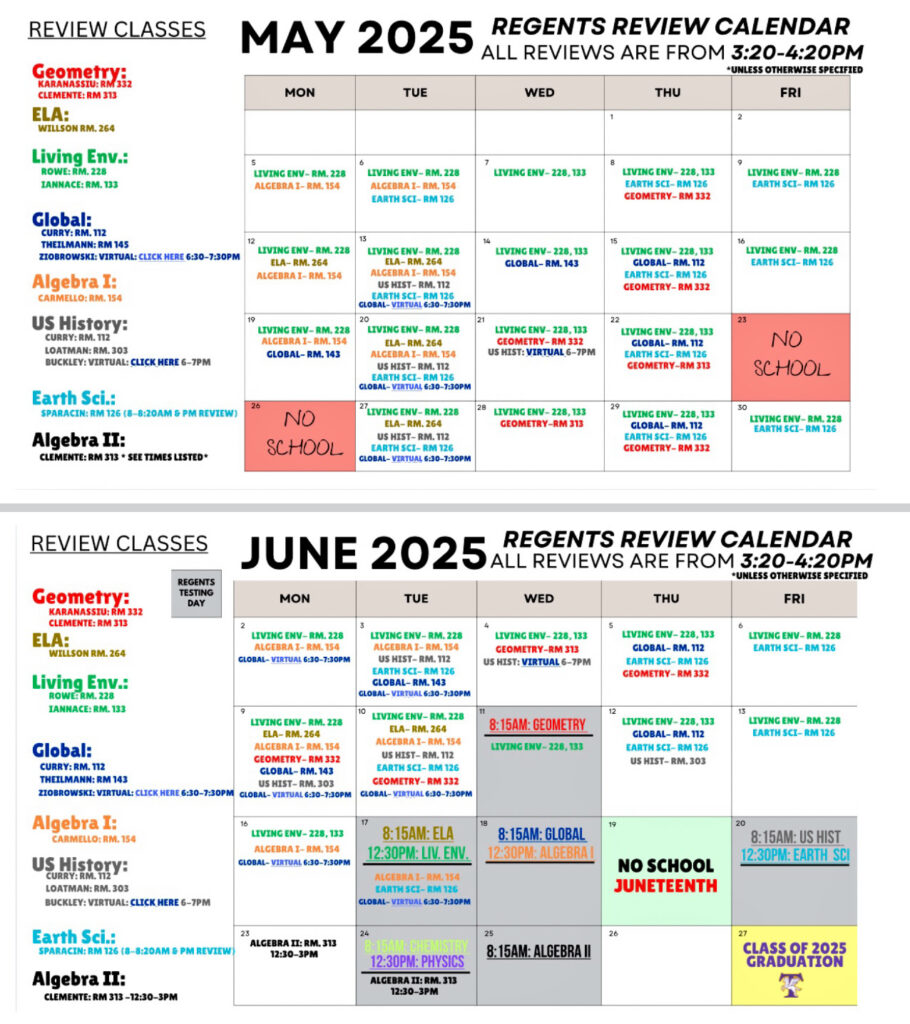 Regents Review calendar for May and June 2025 at Troy High School. Lists daily review sessions by subject, room number, and time—primarily 3:20 to 4:20 PM. Subjects include Living Environment, Algebra I and II, ELA, Global History, U.S. History, Earth Science, Geometry, and Physics. Regents exam dates, holidays like Memorial Day and Juneteenth, and graduation are also marked.
