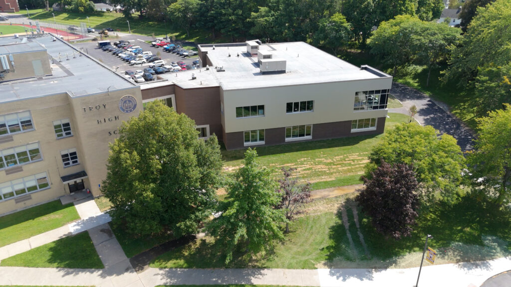 aerial shot of the new technology wing at troy high school
