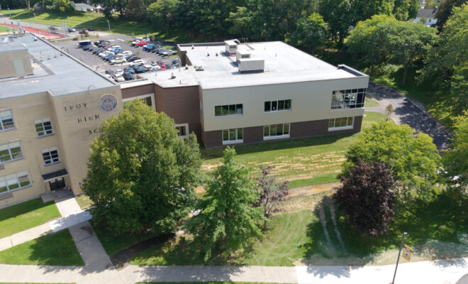 aerial shot of the new technology wing at troy high school